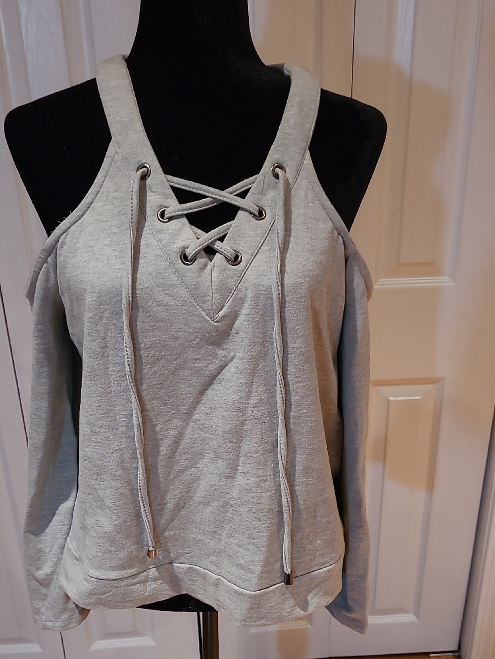 Poof! Light Gray Cold-Shoulder Lace-Up Sweatshirt